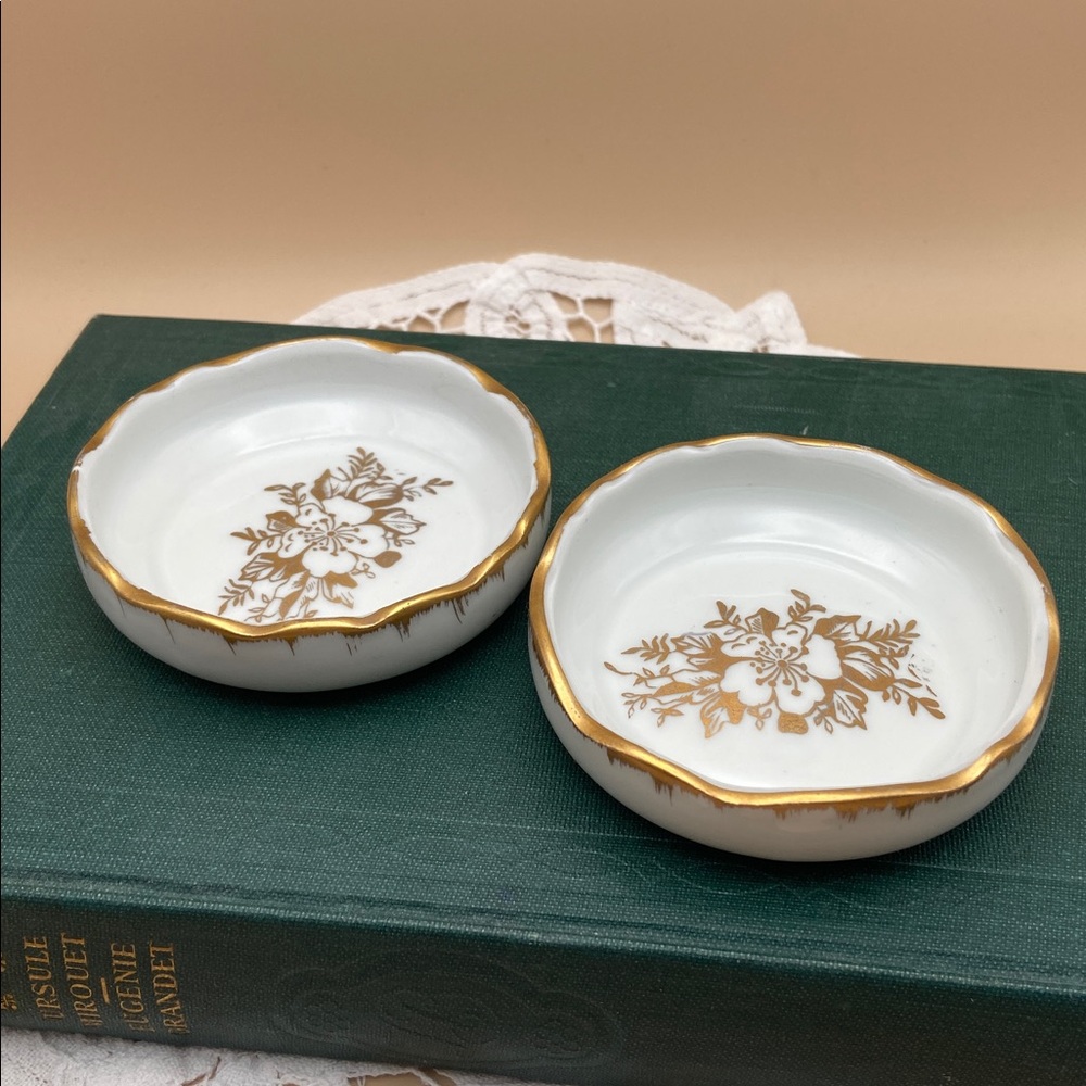 Set of Two Birks Hand Painted Gold Wild Rose Trinket Dishes or Salts